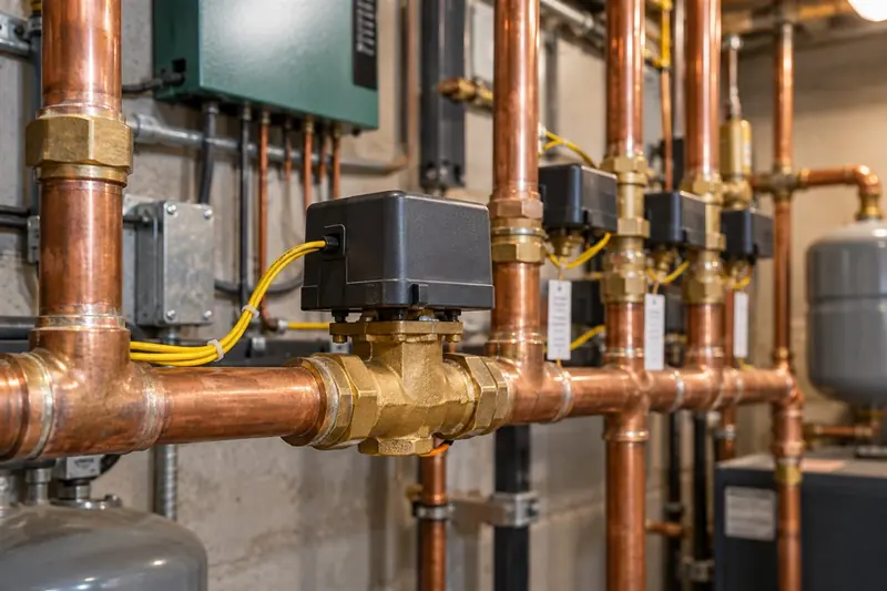 Zone valve actuators on a copper heating manifold